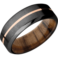 8mm wide High Bevel Black Titanium Ring with Distressed Finish / One 1mm Centered 14k Rose Gold Inlay with Polish Finish / Teak Sleeve