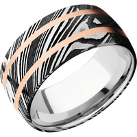 10mm wide Domed Kuro Damascus Steel Ring with Tumble Kuro Damascus Finish / Two 1mm Centered 14k Rose Gold Inlay with Bead Blast Finish / 10k White Gold Sleeve