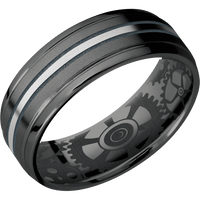 7mm wide Stepped Bevel Black Zirconium Ring with Bead Blast Finish / One 1mm Centered Palladium Silver Inlay with Satin Finish and Blue Titanium Cerakote Accents / Gears Interior Pattern