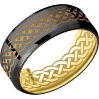 8mm wide Beveled Black Zirconium Ring with Polish Finish / Celtic 9 Design and Gold Cerakote Accents / 10k Yellow Gold Sleeve / Celtic 9 Interior Pattern