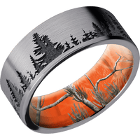 8mm wide Flat Tantalum Ring with Satin Finish / Trees Design / RealTree APC Orange Camo Sleeve