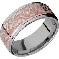 9mm wide Flat Grooved Edges Titanium Ring with Polish Finish / Western Scroll Design and Rose Gold Cerakote Accents