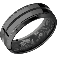 8mm wide High Bevel Milgrain Black Titanium Ring with Polish Finish / One 1mm Centered Black Dinosaur Bone Inlay / None Interior Pattern