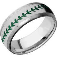 8mm wide Domed Meteorite Ring / One 5mm Centered 14k White Gold Inlay with Satin Finish / Baseball Inlay Design and Green Cerakote Inlay Design Accents / Titanium Sleeve