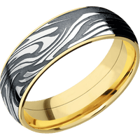 7mm wide Domed 14k Yellow Gold Ring with Polish Finish / One 6mm Centered Scale Damascus Steel Inlay with Tumble Kuro Damascus Finish