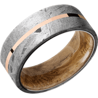 8mm wide Flat Meteorite Ring / One 1mm Centered 14k Rose Gold Inlay with Polish Finish / Whiskey Barrel Sleeve