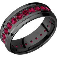 8mm wide Stepped Bevel Black Zirconium Ring with Polish Finish / Eternity Round .07 carat Ruby Bead-Set Gemstones