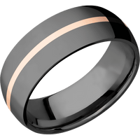 8mm wide Domed Black Titanium Ring with Polish Finish / One 1mm Centered 14k Rose Gold Inlay with Polish Finish