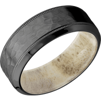 8mm wide High Bevel Milgrain Black Titanium Ring with Hammer Finish / Antler Sleeve