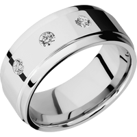 9mm wide Flat Wide Grooved Edges 14k White Gold Ring with Polish Finish / 3 Round .1 carat Standard Diamond Flush-Set Gemstones