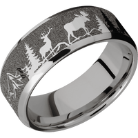 8mm wide Beveled Titanium Ring with Polish Finish / Bear Moose Deer Mountain Design