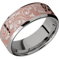 8mm wide Beveled Titanium Ring with Polish Finish / Western Scroll Design and Rose Gold Cerakote Accents