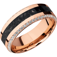 8mm wide High Bevel 14k Rose Gold Ring with Polish Finish / Bevel Eternity Round .01 carat Standard Lab Grown Diamond Bead-Set Gemstones / One 3mm Centered Black Onyx Inlay