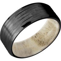 8mm wide Beveled Black Titanium Ring with Treebark H Finish / Antler Sleeve