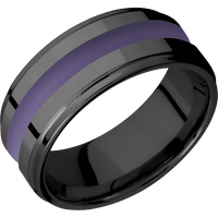 9mm wide Flat Grooved Edges Black Titanium Ring with Polish Finish / One 3mm Centered Bright Purple Cerakote Inlay