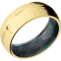 8mm wide Domed Center Round 14k Yellow Gold Ring with Treebark 1 Finish / Black Mother of Pearl Sleeve