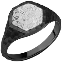 Hexagon Black Titanium Signet Ring / Hammer Ring Finish and Hammer Signet Finish / Meteorite Inlay / Size 8