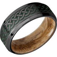 8mm wide Stepped Bevel Black Titanium Ring with Satin Finish / Celtic 9 Design and Eastern Green Cerakote Accents / Whiskey Barrel Sleeve