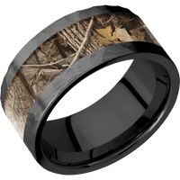 10mm wide Flat Black Titanium Ring with Hammer Finish / One 6mm Centered Kings Woodland Camo Inlay