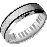 7mm wide High Bevel 18k White Gold Ring with Polish Finish / One 3mm Centered Meteorite Inlay and Black Cerakote Accents / Piano Interior Pattern