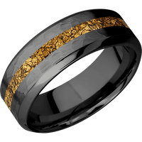 8mm wide High Bevel Black Titanium Ring with Hammer Finish / One 2mm Centered 24k Raw Gold Nugget Inlay