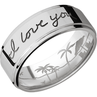 8mm wide Flat Grooved Edges 18k White Gold Ring with Polish Finish / Hand Writing Design / Beach Interior Pattern