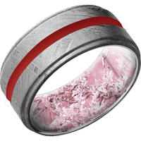 10mm wide Flat Grooved Edges Meteorite Ring / One 2mm Centered USMC Red Cerakote Inlay / Kings Pink Camo Sleeve