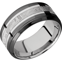 10mm wide High Bevel Milgrain Black Zirconium Ring with Polish Finish / One 5mm Centered 14k White Gold Inlay with Polish Finish / One 3mm Centered Meteorite Inlay / Inconel Sleeve