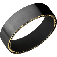 7mm wide Flat Black Titanium Ring with Bead Blast Finish / Two 1mm Sidebraid 14k Yellow Gold Inlay with Polish Finish / Black Cerakote Sleeve