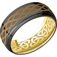 8mm wide Domed Stepped Down Edges Black Titanium Ring with Polish Finish / Celtic 6 Design and Gold Cerakote Accents / 14k Yellow Gold Sleeve / None Interior Pattern