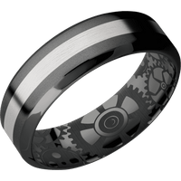 7mm wide High Bevel Black Titanium Ring with Bead Blast Finish / One 2mm Centered Palladium Silver Inlay with Satin Finish / Gears Interior Pattern