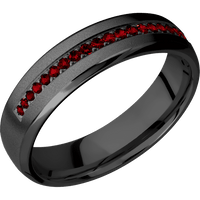 6mm wide Domed Bevel Black Titanium Ring with Bead Blast Finish / Half Eternity Round .015 carat Dark Ruby Bead-Set Gemstones