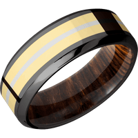 8mm wide High Bevel Black Zirconium Ring with Polish Finish / One 4mm Centered 14k Yellow Gold Inlay with Polish Finish / One 1mm Centered Platinum Inlay with Polish Finish / Cocobolo Sleeve