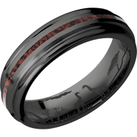 6mm wide Flat Rounded Edges Black Titanium Ring with Bead Blast Finish / One 1mm Centered Red Dinosaur Bone Inlay / Safari Interior Pattern