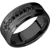 9mm wide High Bevel Milgrain Black Titanium Ring with Treebark H Finish / Half Eternity Round .03 carat Black Diamond Bead-Set Gemstones