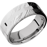 8mm wide Flat Damascus Steel Ring with Polish Damascus Finish / One 2mm Centered 14k White Gold Inlay with Polish Finish / 14k White Gold Sleeve