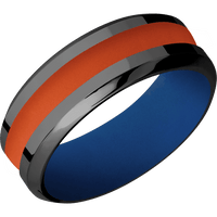 8mm wide High Bevel Black Titanium Ring with Polish Finish / One 3mm Centered Hunter Orange Cerakote Inlay / Royal Blue Cerakote Sleeve