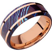 8mm wide Beveled Kuro-Ti Ring with Polish Kuro-Ti Finish / Two 1mm Wide 14k Rose Gold Inlay with Polish Finish / 14k Rose Gold Sleeve
