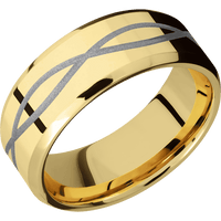 8mm wide Beveled 14k Yellow Gold Ring with Polish Finish / Infinity Design and Crushed Silver Cerakote Accents