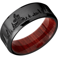 8mm wide Beveled Black Titanium Ring with Angle Satin Finish / Trees Design / Red Heart Sleeve