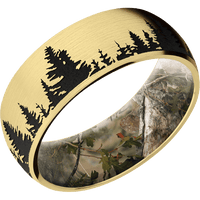 8mm wide Domed 10k Yellow Gold Ring with Satin Finish / Trees Design and Black Cerakote Accents / Kings Mountain Camo Sleeve