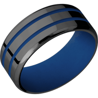 9mm wide Beveled Black Titanium Ring with Polish Finish / Two 1mm Centered Royal Blue Cerakote Inlay / Royal Blue Cerakote Sleeve