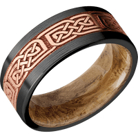 8mm wide Flat Black Titanium Ring with Satin Finish / One 5mm Centered 14k Rose Gold Inlay with Satin Finish / Celtic 17 Inlay Design / Whiskey Barrel Sleeve