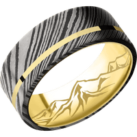 8mm wide Flat Damascus Steel Ring with Acid Damascus Finish / One 1mm Off Center 14k Yellow Gold Inlay with Polish Finish / 10k Yellow Gold Sleeve / None Interior Pattern