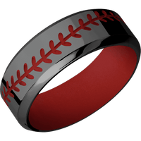 8mm wide High Bevel Black Zirconium Ring with Polish Finish / Baseball Design and USMC Red Cerakote Accents / USMC Red Cerakote Sleeve / None Interior Pattern