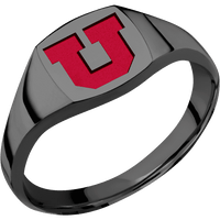 Cushion Black Zirconium Signet Ring / Polish Ring Finish and Polish Signet Finish / Utah Block U Design with Utah Red Cerakote / Size 8.5