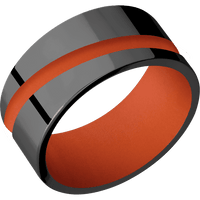 10mm wide Flat Black Zirconium Ring with Polish Finish / One 2mm Angled Hunter Orange Cerakote Inlay / Hunter Orange Cerakote Sleeve