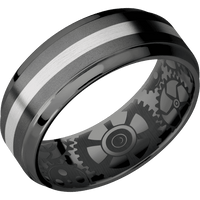 8mm wide Stepped Bevel Black Titanium Ring with Bead Blast Finish / One 2mm Centered Palladium Silver Inlay with Satin Finish / None Interior Pattern