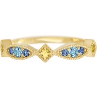 Theodora Style 14k Yellow Gold Ring / Half Eternity .27 TCW of Yellow Sapphire, Aqua Diamonds, and Denim Blue Sapphires / Size 6.5