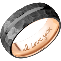 8mm wide Domed Center Concave Black Titanium Ring with Rock Finish / 14k Rose Gold Sleeve / Hand Writing Interior Pattern